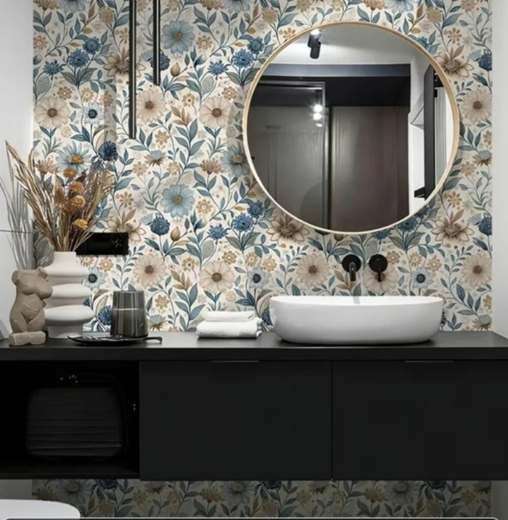 New 2 Rolls of Floral Blue and Beige Peel-and-Stick Wallpaper #1467-1565